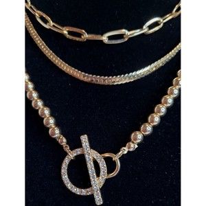 Francescas 3 Layer Gold Tone Herringbone Beads Chain Link Necklace NWT 16-19 in